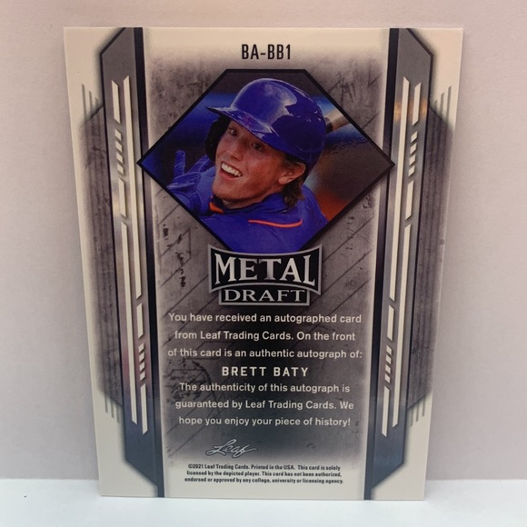 2021 Leaf Metal Draft Base Auto Silver Brett Baty Mets #BA-BB1 (MISC7) - Picture 2 of 2